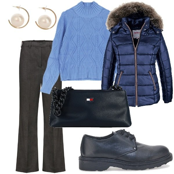 Outfit donna - Total look #2060957. Stile Casual chic per Ufficio. Abbinamento con piumini, borse a mano, maglieria, orecchini, scarpe stringate, pantaloni.