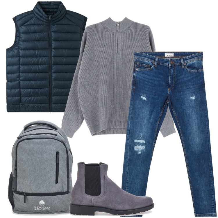 Outfit uomo - Il piumino blu petrolio. Stile Urban per Ufficio. Abbinamento con gilet, jeans strappati, maglieria, stivali e stivaletti, borse sportive.
