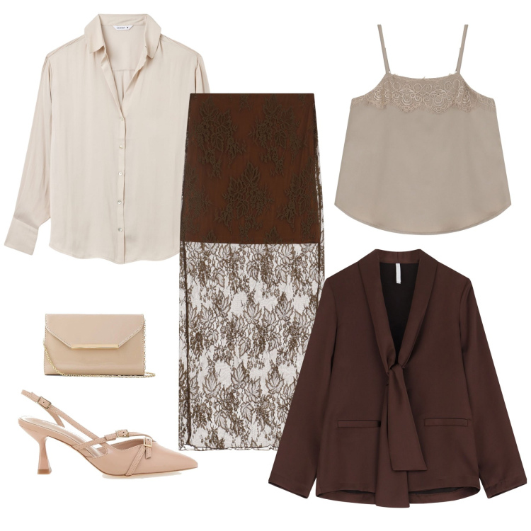 Outfit donna - Neutral. Stile Romantica per Serata fuori. Abbinamento con pochette, camicie, blazer, top, gonne lunghe, décolleté.
