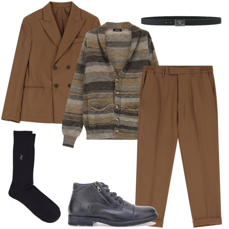 Outfit uomo - Il completo con il cardigan. Stile Business/Elegante per Ufficio. Abbinamento con cinture, cardigans, pantaloni, giacche, calzini, stivali e stivaletti.