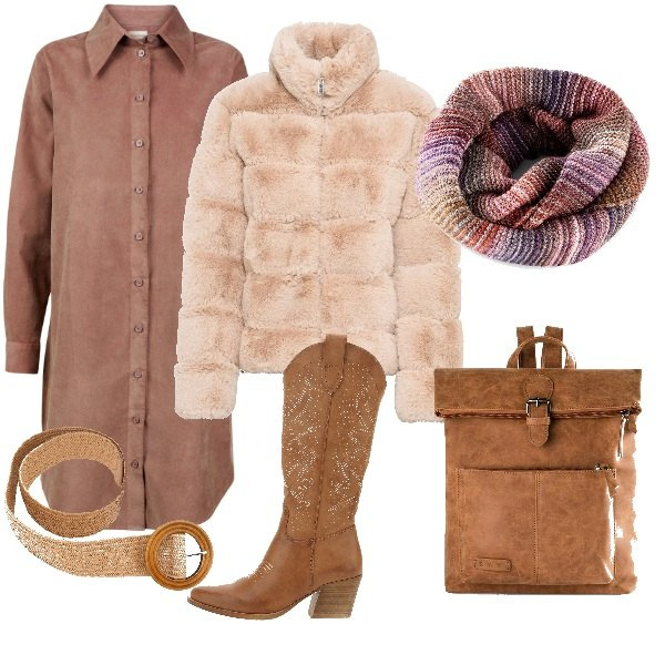 Outfit donna - Total look #2060966. Stile Trendy per Serata fuori. Abbinamento con ecopellicce, zaini, foulard, stivaletti texani, vestiti chemisier, cinture.