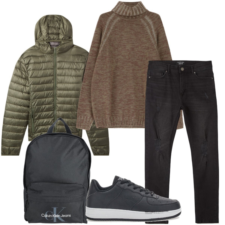 Outfit uomo - Tutti i giorni. Stile Casual per Tutti i giorni. Abbinamento con borse sportive, piumini, jeans strappati, maglieria, sneakers.