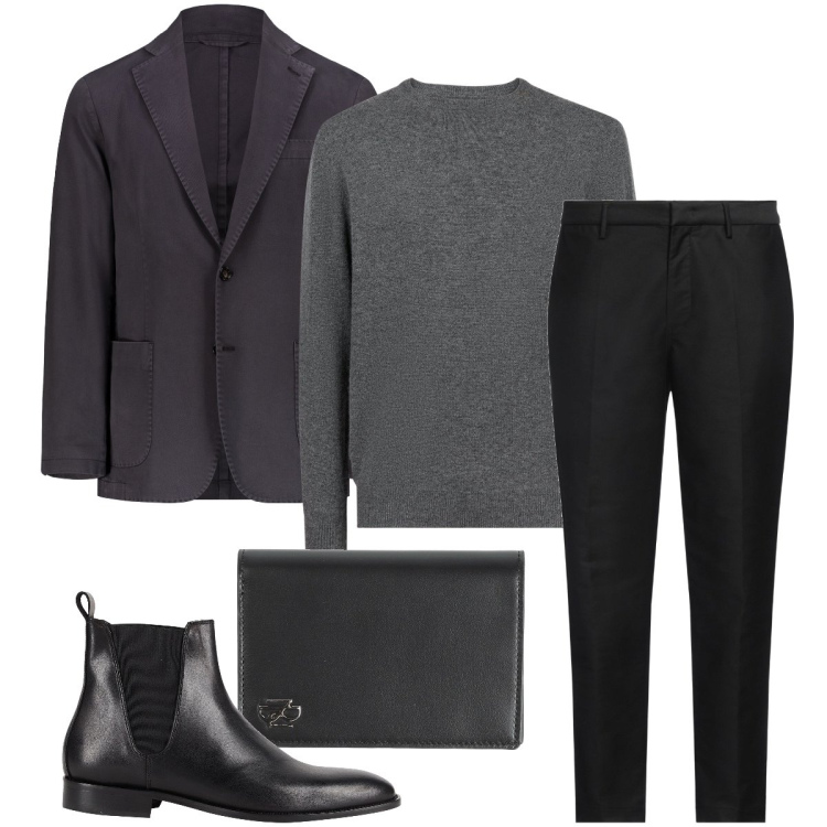 Outfit uomo - Per la sera. Stile Business/Elegante per Serata speciale. Abbinamento con stivali e stivaletti, pantaloni, portafogli, maglieria, giacche.