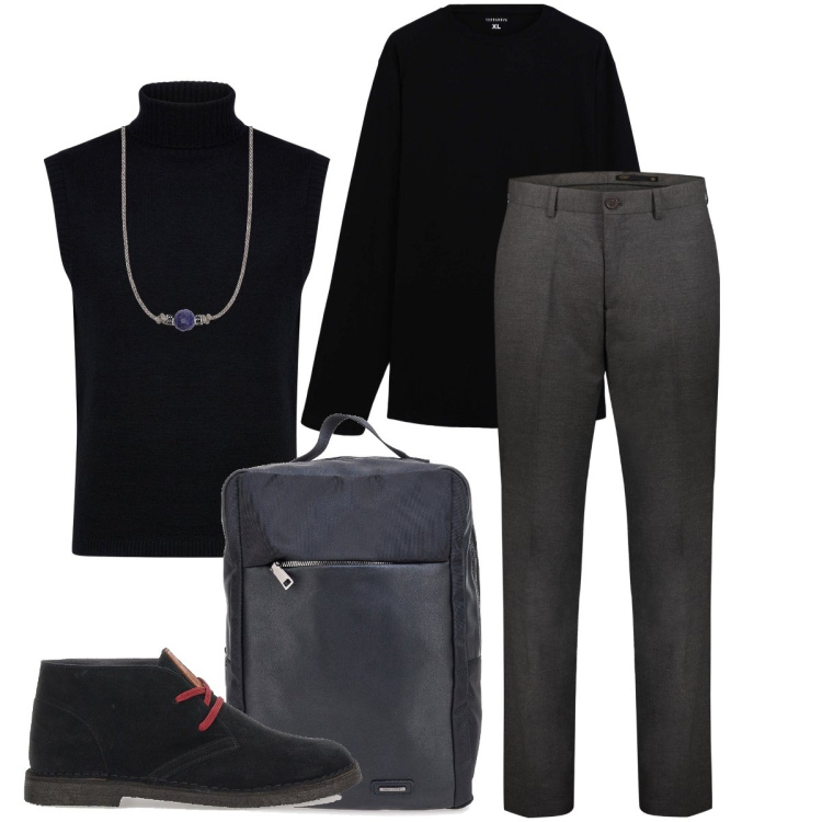 Outfit uomo - Il gilet a dolcevita. Stile Trendy per Ufficio. Abbinamento con t-shirt, collane, pantaloni, gilet, borse sportive, stivali e stivaletti.