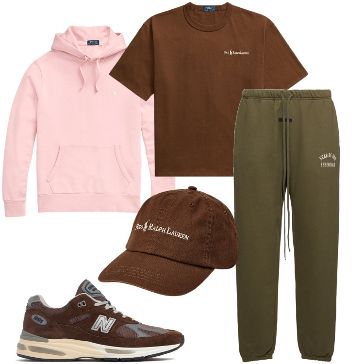 Outfit uomo - Marrone in comune. Stile Casual per Sport. Abbinamento con felpe con cappuccio, t-shirt, cappelli, sneakers, pantaloni.