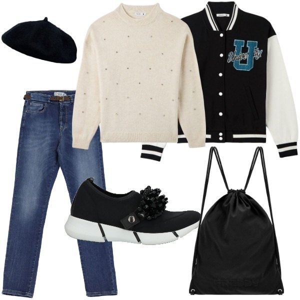 Outfit donna - Total look #2060989. Stile Basic per Tutti i giorni. Abbinamento con sneakers, maglieria, bomber, jeans slim fit, zaini, cappelli e berretti.