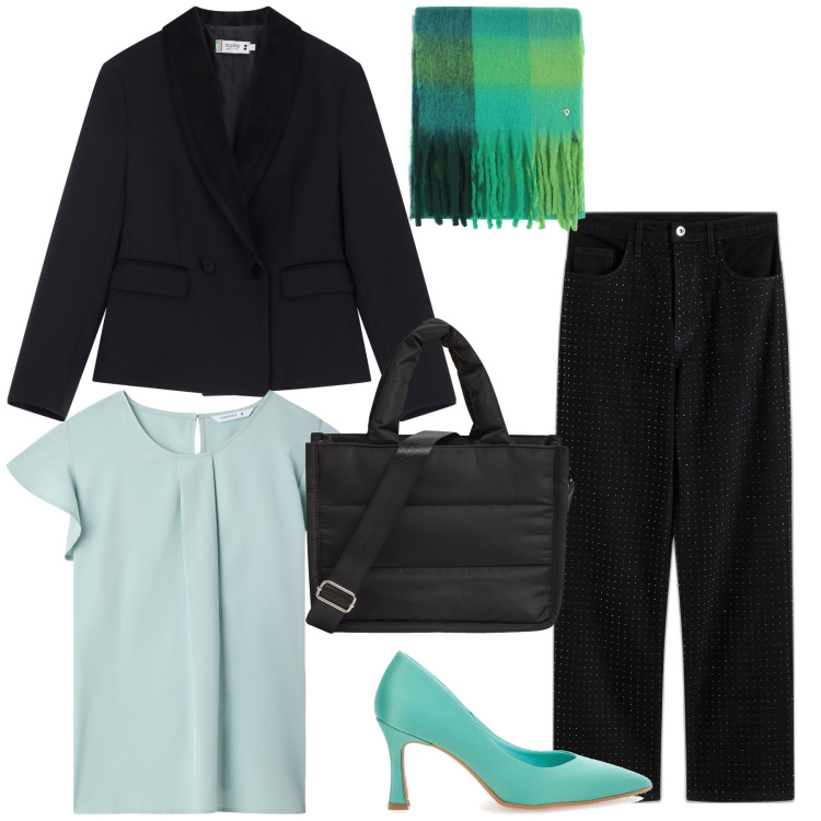 Outfit donna - Primaverile verde acqua. Stile Chic per Ufficio. Abbinamento con pantaloni, shopping bag, bluse, blazer, stole, décolleté.