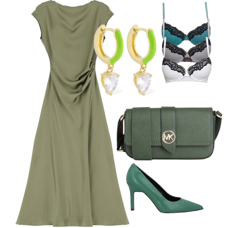 Outfit donna - Green. Stile Bon Ton per Serata fuori. Abbinamento con reggiseni, décolleté, borse a tracolla, vestiti midi/longuette, orecchini.