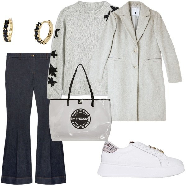 Outfit donna - Total look #2060997. Stile Casual chic per Tutti i giorni. Abbinamento con maglieria, cappotti, orecchini, sneakers, shopping bag, jeans a zampa.