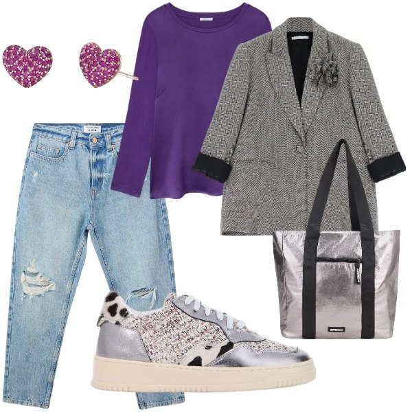 Outfit donna - Total look #2061008. Stile Trendy per Tutti i giorni. Abbinamento con jeans mom, orecchini, blazer, sneakers, shopping bag, t-shirt.