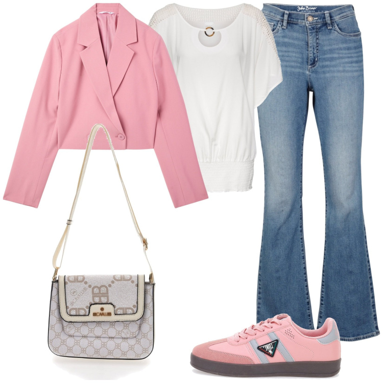 Outfit donna - Total look #2061010. Stile Casual per Scuola/Università. Abbinamento con jeans bootcut, bluse, blazer, sneakers, borse a tracolla.