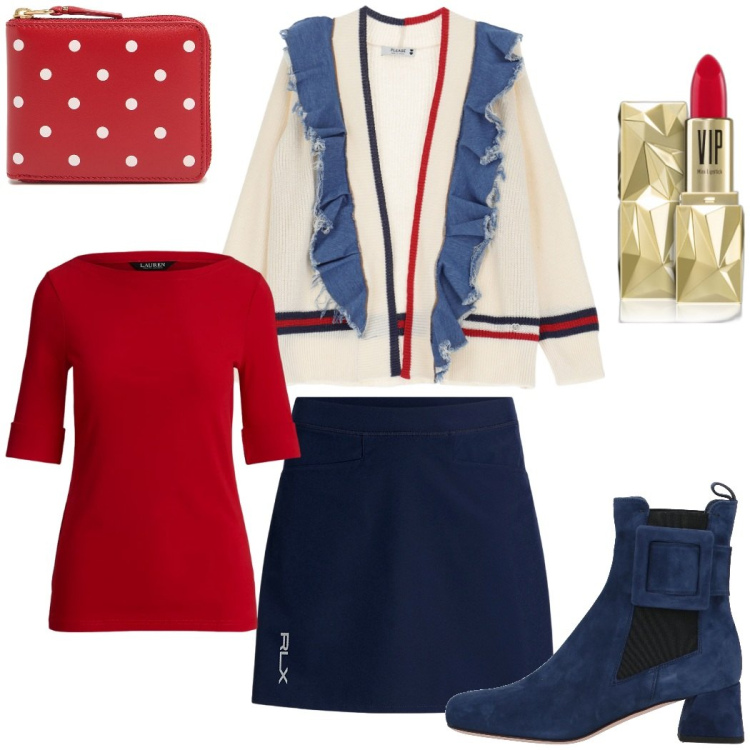 Outfit donna - Deliziosa. Stile Preppy per Tutti i giorni. Abbinamento con stivaletti, rossetti, cardigans, minigonne, t-shirt, portafogli.