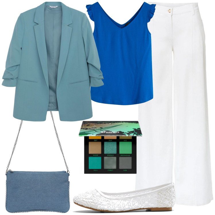 Outfit donna - Blazer azzurro polvere. Stile Casual chic per Tutti i giorni. Abbinamento con pantaloni a palazzo, ballerine, top, ombretti, borse a tracolla, blazer.