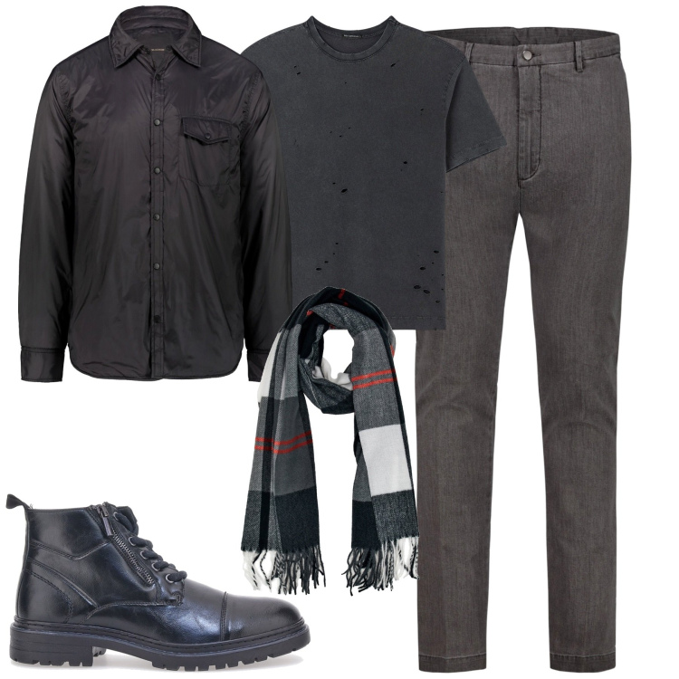 Outfit uomo - Toni di grigio. Stile Urban per Tutti i giorni. Abbinamento con t-shirt, giacche, anfibi, sciarpe, pantaloni.