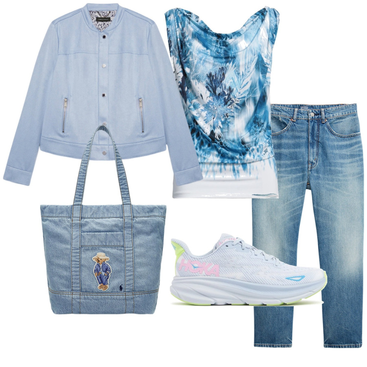 Outfit donna - In blu. Stile Casual per Tutti i giorni. Abbinamento con top, jeans, borse tote, blazer, sneakers.