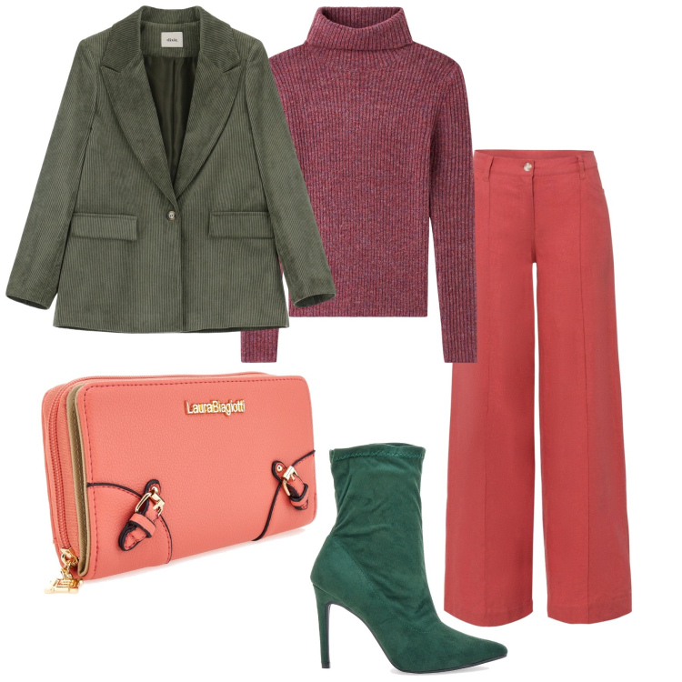 Outfit donna - Total look #2061048. Stile Casual chic per Ufficio. Abbinamento con pantaloni a palazzo, maglieria, blazer, portafogli, stivaletti.