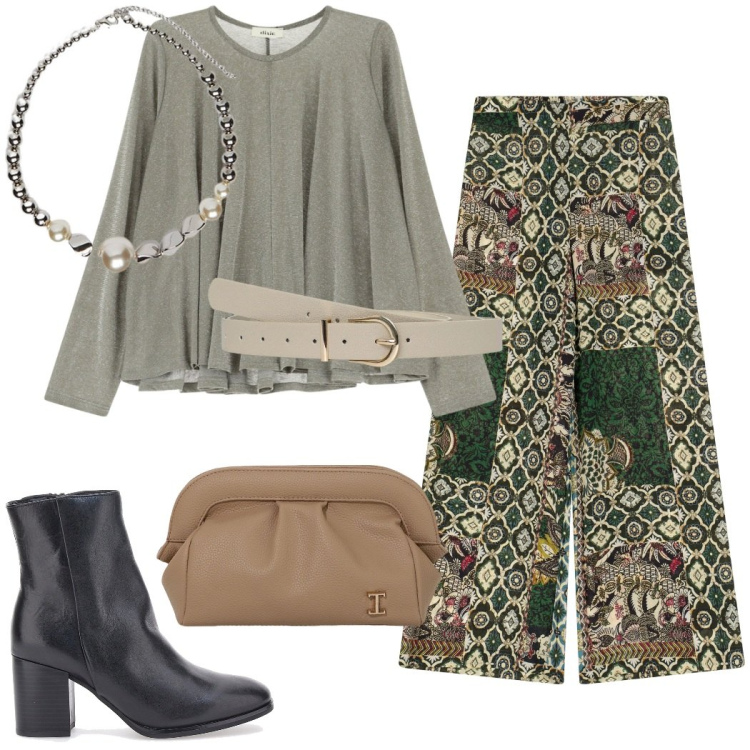 Outfit donna - Dopo l\'ufficio. Stile Etnico per Tutti i giorni. Abbinamento con cinture, borse a mano, pantaloni a palazzo, maglieria, collane, stivaletti.