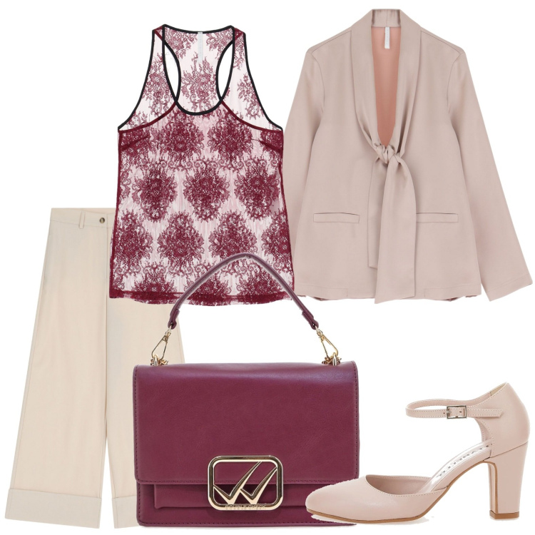 Outfit donna - Il blazer col fiocco. Stile Chic per Ufficio. Abbinamento con blazer, canottiere, pantaloni, décolleté, borse a tracolla.