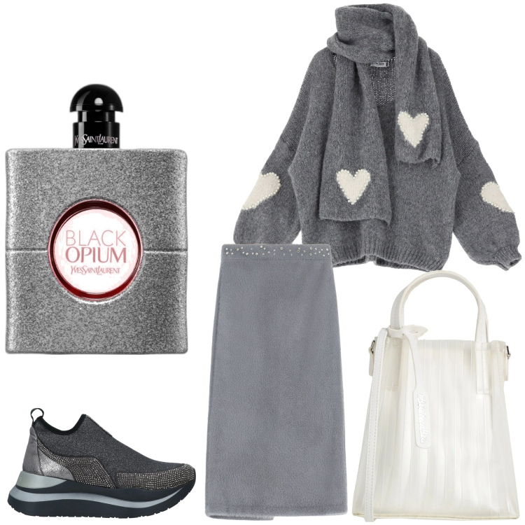Outfit donna - Cuori e glitter. Stile Sporty chic per Serata fuori. Abbinamento con sneakers, borse a mano, profumi, maglieria, gonne.