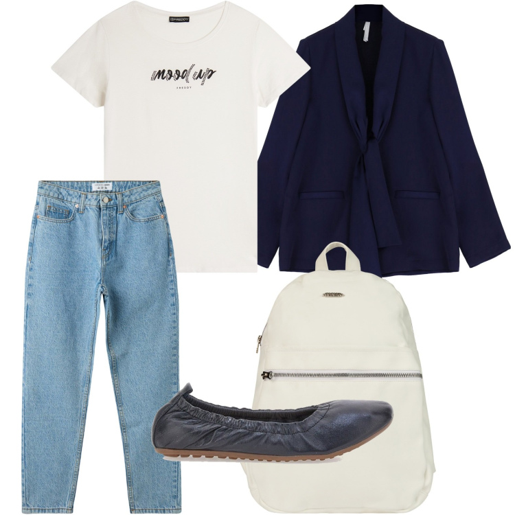 Outfit donna - Casual. Stile Bon Ton per Scuola/Università. Abbinamento con jeans mom, blazer, t-shirt, zaini, ballerine.