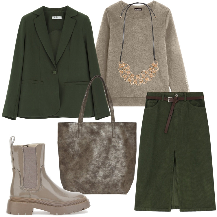 Outfit donna - Minimal. Stile Minimal per Ufficio. Abbinamento con borse tote, blazer, felpe, gonne, anfibi, collane.