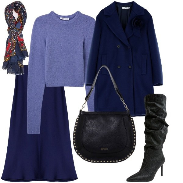 Outfit donna - Total look #2061067. Stile Glamour per Serata fuori. Abbinamento con maglieria, stivali, cappotti, gonne longuette, borse a spalla, foulard.