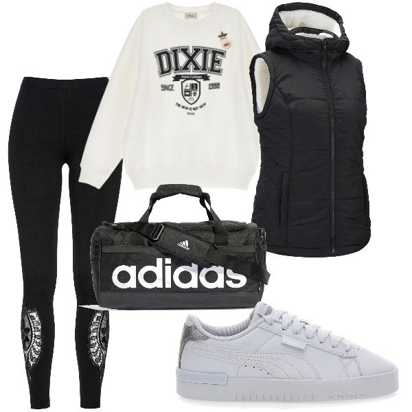 Outfit donna - Andiamo in palestra. Stile Basic per Sport. Abbinamento con gilet, leggings, felpe, sneakers, borse sportive.