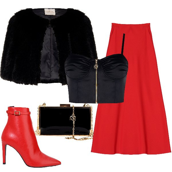 Outfit donna - Batti cuore. per Serata fuori. Abbinamento con top, blazer, pochette, gonne lunghe, stivaletti.