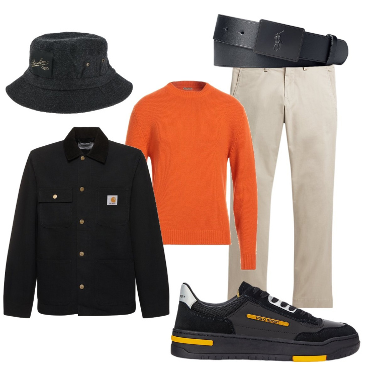 Outfit uomo - Total look #2061073. Stile Trendy per Ufficio. Abbinamento con pullovers, cappelli, pantaloni, cinture, sneakers, cappotti.
