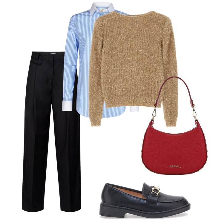 Outfit donna - A lavoro. per Ufficio. Abbinamento con maglieria, borse a spalla, mocassini, pantaloni, camicie.