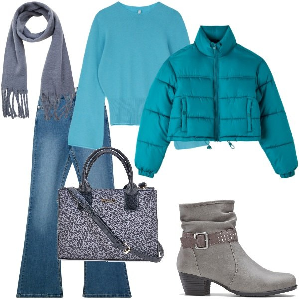 Outfit donna - Total look #2061080. Stile Basic per Tutti i giorni. Abbinamento con stivaletti, piumini, jeans a zampa, sciarpe, pullovers, borse a tracolla.
