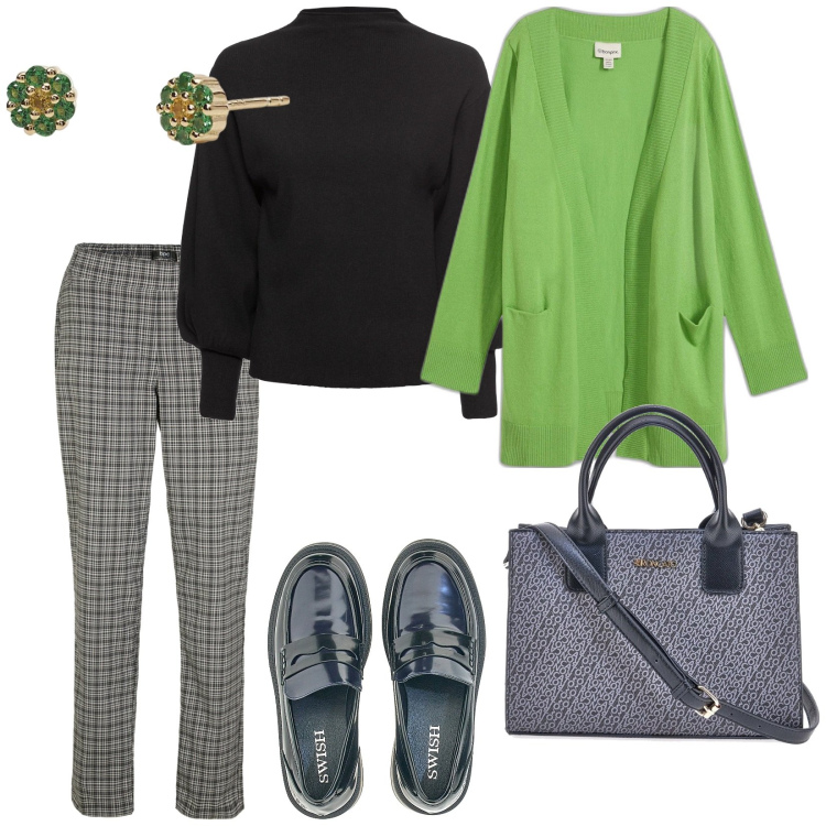 Outfit donna - Il verde d\' ispirazione. per Tutti i giorni. Abbinamento con maglieria, pantaloni, cardigans, orecchini, mocassini, borse a tracolla.