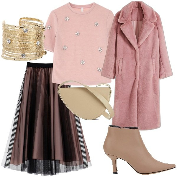 Outfit donna - Total look #2061092. Stile Romantica per Serata fuori. Abbinamento con ecopellicce, borse a tracolla, braccialetti, maglieria, gonne longuette, stivaletti.