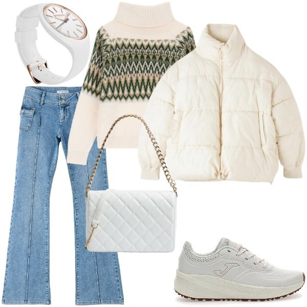Outfit donna - Total look #2061097. Stile Basic per Tutti i giorni. Abbinamento con maglieria, jeans a zampa, piumini, borse a tracolla, orologi, sneakers.