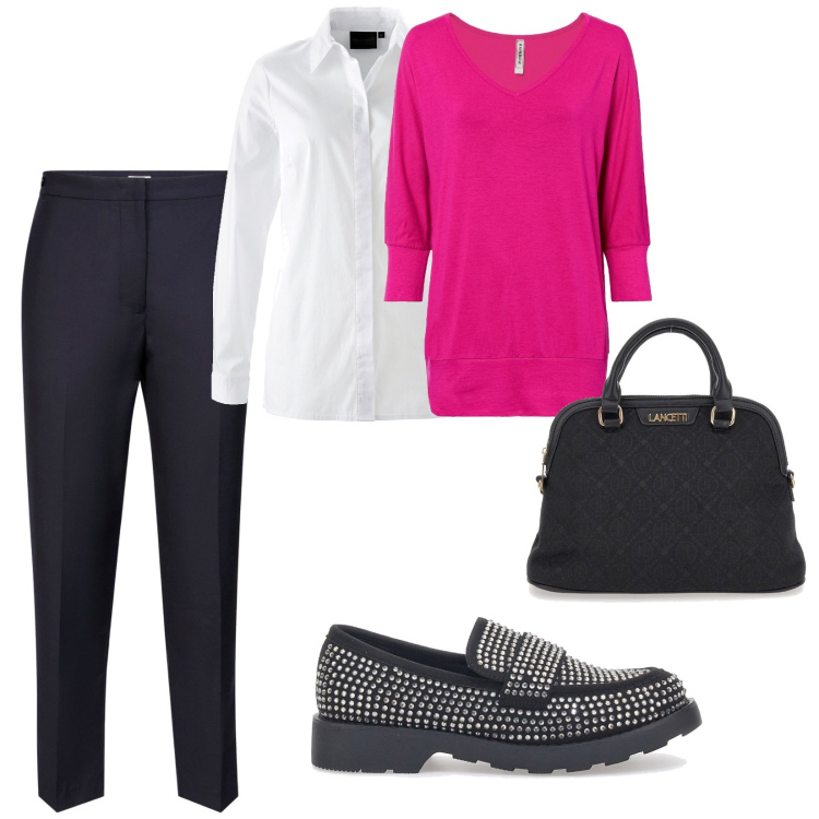 Outfit donna - Rosa e felice. per Tutti i giorni. Abbinamento con maglieria, camicie, borse a spalla, mocassini, pantaloni.
