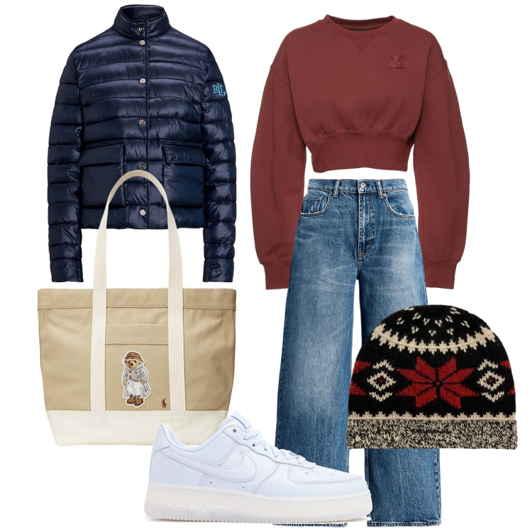 Outfit donna - Casual. Stile Casual per Tutti i giorni. Abbinamento con jeans, piumini, berretti, borse tote, felpe, sneakers.