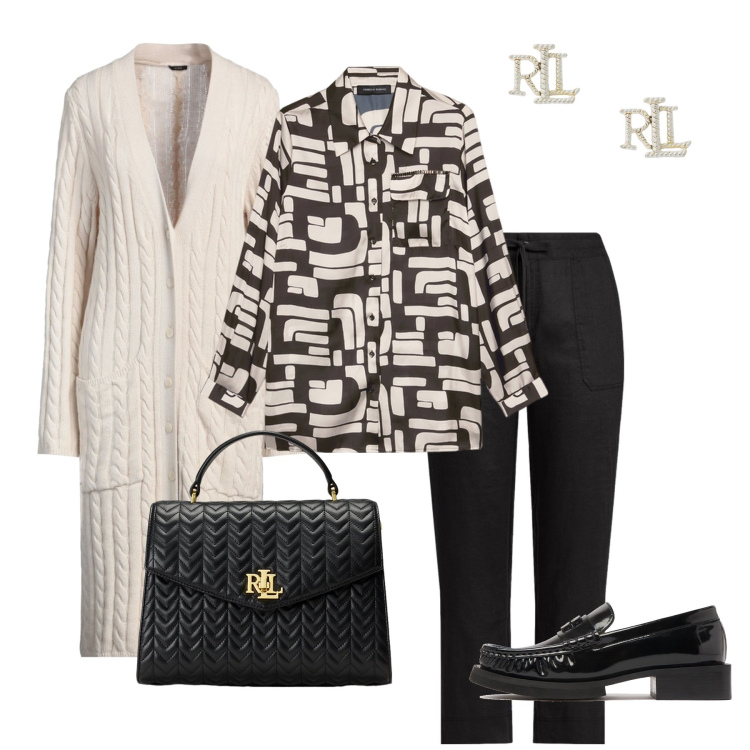Outfit donna - Eleganza e comodità. Stile Bon Ton per Ufficio. Abbinamento con cardigans, orecchini, pantaloni, borse a mano, camicie, mocassini.