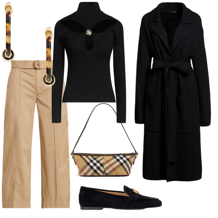 Outfit donna - Che finezza. per Tutti i giorni. Abbinamento con maglieria, cardigans, mocassini, pantaloni, orecchini, borse a mano.