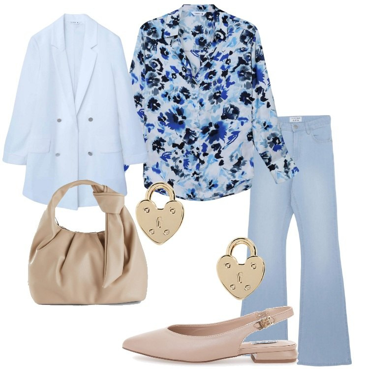 Outfit donna - Delicata e romantica. Stile Romantica per Ufficio. Abbinamento con borse a mano, jeans a zampa, camicie, blazer, orecchini, ballerine.