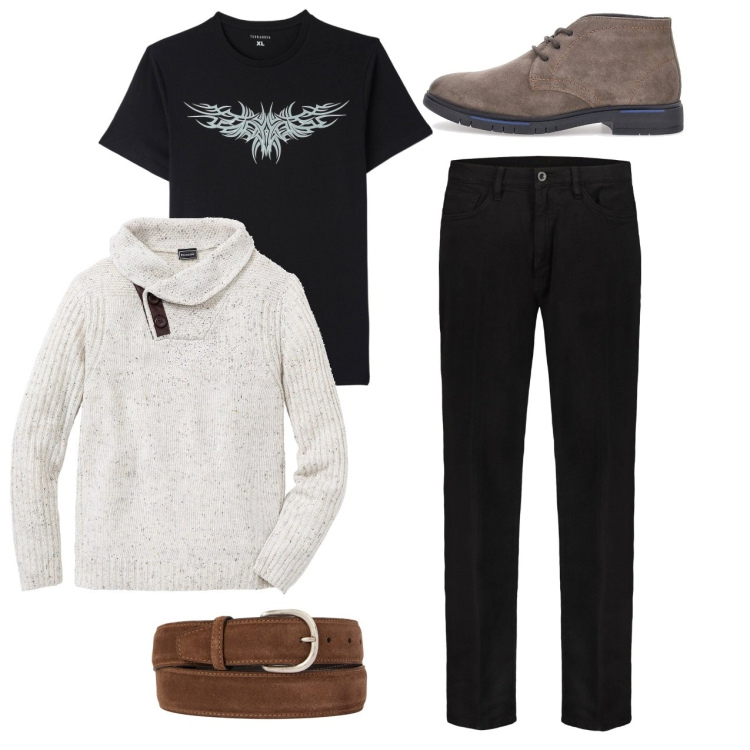 Outfit uomo - Una certa classe. Stile Trendy per Serata speciale. Abbinamento con maglieria, t-shirt, cinture, scarpe stringate, pantaloni.