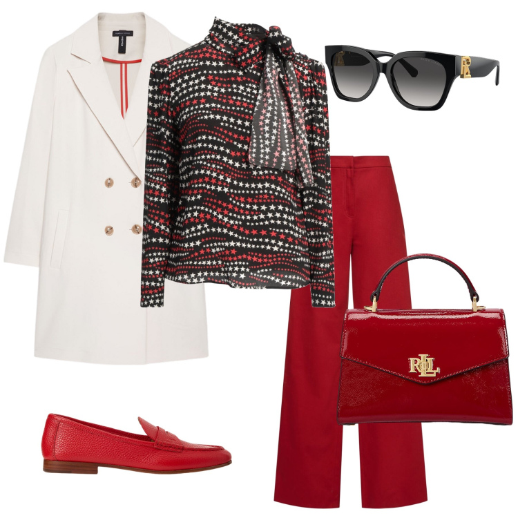 Outfit donna - Red passion. Stile Chic per Tutti i giorni. Abbinamento con top, occhiali da sole, borse a mano, mocassini, cappotti, pantaloni.