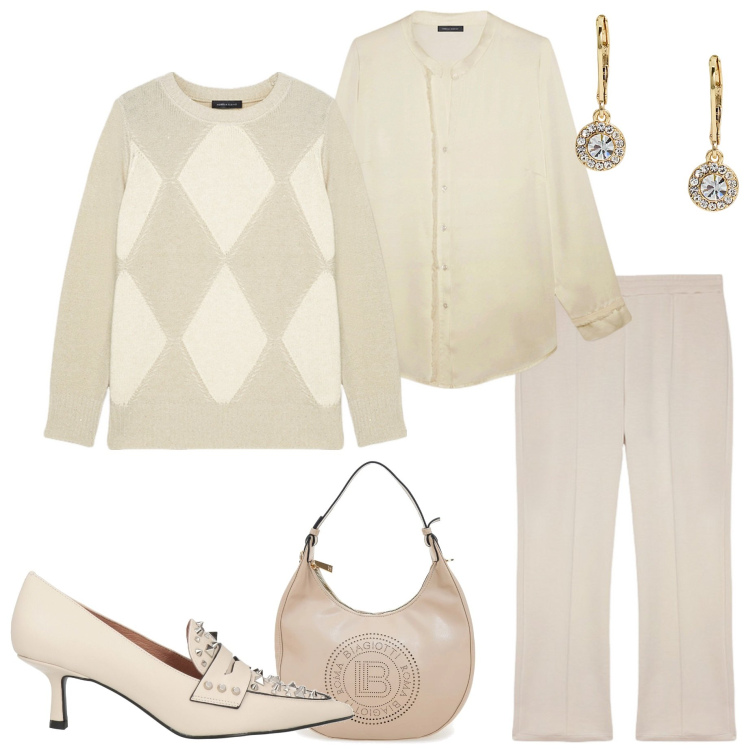 Outfit donna - Toni chiari. Stile Casual chic per Ufficio. Abbinamento con mocassini, orecchini, borse a spalla, pantaloni, camicie, maglieria.