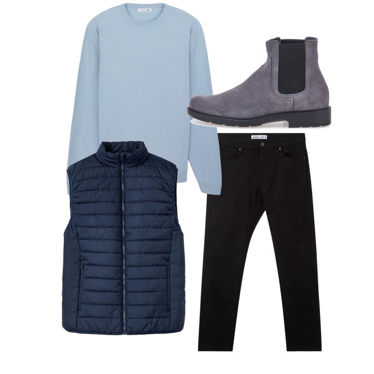 Outfit uomo - Tinte fredde. Stile Casual per Tutti i giorni. Abbinamento con gilet, maglieria, pantaloni skinny, stivali e stivaletti.
