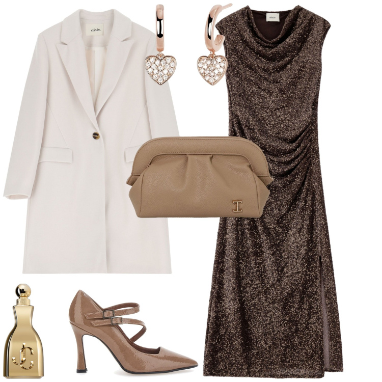 Outfit donna - Total look #2061121. Stile Chic per Serata fuori. Abbinamento con profumi, orecchini, borse a mano, vestiti asimmetrici, cappotti, décolleté.