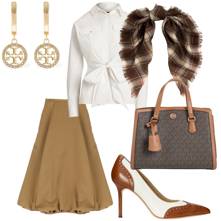 Outfit donna - In azienda. per Ufficio. Abbinamento con borse a mano, gonne longuette, décolleté, foulard, camicie, orecchini.