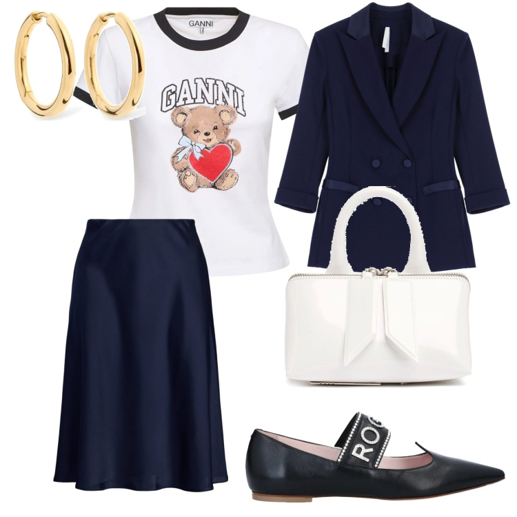 Outfit donna - In azienda. per Ufficio. Abbinamento con ballerine, blazer, gonne, borse a mano, t-shirt, orecchini.