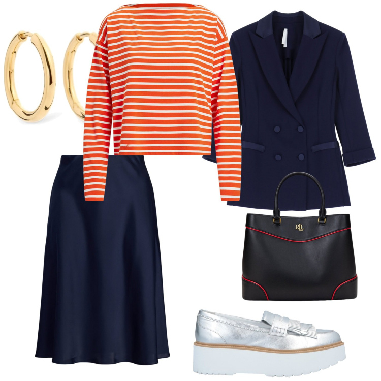Outfit donna - Il blu. per Ufficio. Abbinamento con mocassini, blazer, gonne, borse a mano, t-shirt, orecchini.