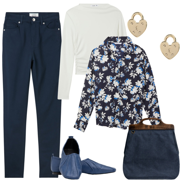 Outfit donna - La camicia passepartout. Stile Basic per Tutti i giorni. Abbinamento con camicie, pantaloni skinny, t-shirt, orecchini, ballerine, borse a tracolla.