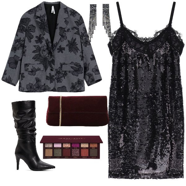 Outfit donna - 11244. per Serata fuori. Abbinamento con stivali, ombretti, vestiti corti, blazer, pochette, orecchini.