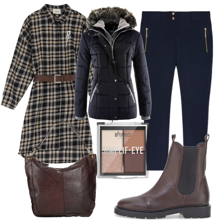 Outfit donna - Total look #2061136. Stile Casual per Scuola/Università. Abbinamento con piumini, borse a spalla, ombretti, vestiti corti, stivaletti chelsea, pantaloni skinny.